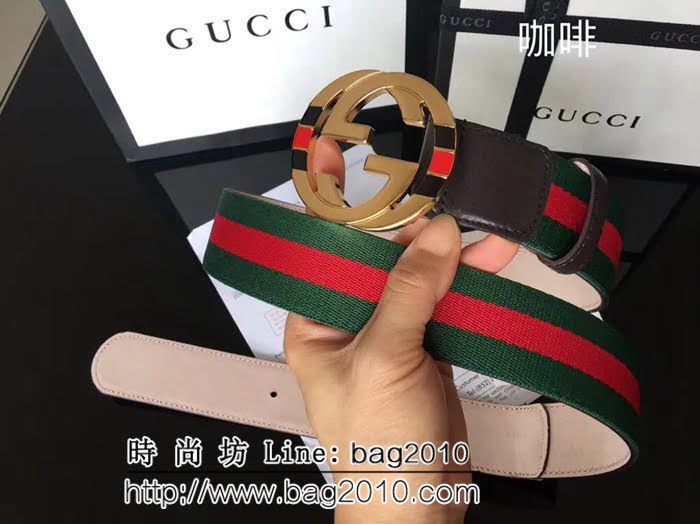 古馳CUCCI 紅綠織布頭層牛皮接頭尾 配純銅扣 百搭休閒款男士皮帶 GHG1181
